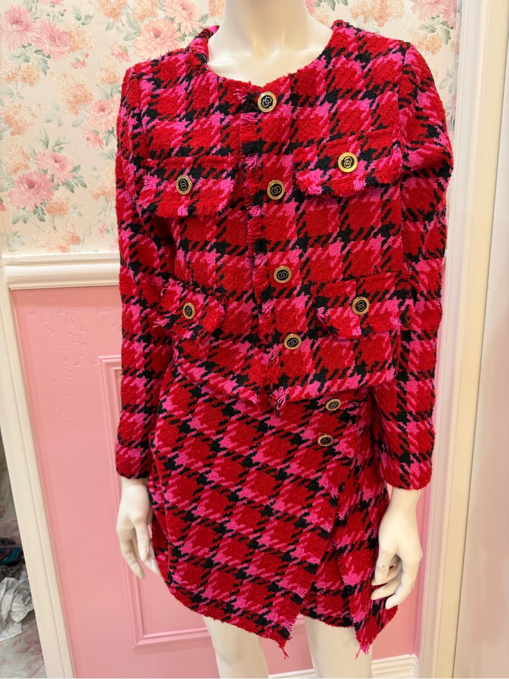 Set Women's Red & Pink Houndstooth Tweed Blazer Jacket